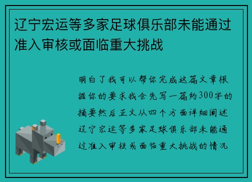 辽宁宏运等多家足球俱乐部未能通过准入审核或面临重大挑战 辽宁宏运等多家足球俱乐部未能通过准入审核或面临重大挑战